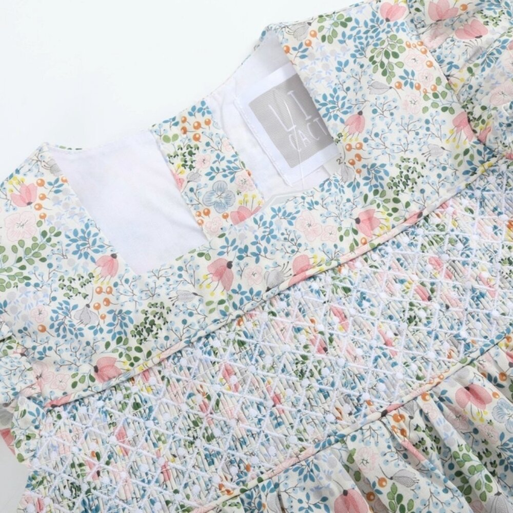 Pink Floral Print Smocked Flutter Dress